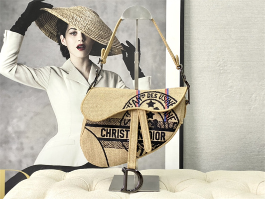 cd saddle bag jute canvas embroidery with D*or union motif beige color