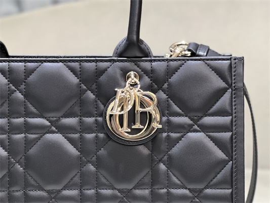 CD Medium Book Tote With Strap Macrocannage Calfskin Black