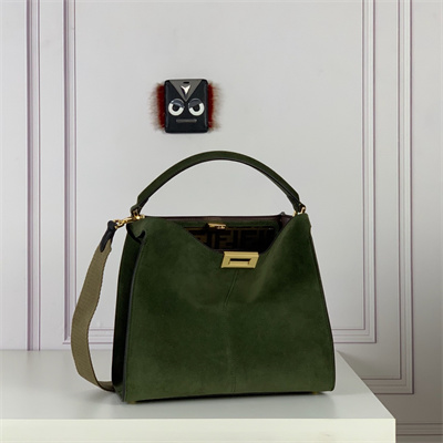 Fen.di Peekaboo X-Lite Medium Suede Leather Bag Green Color