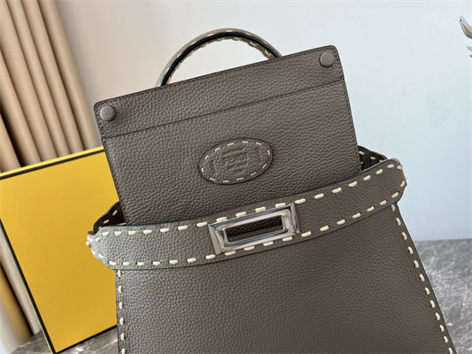 Fen.di Peekaboo Iconic ISeeU Medium Bag Cuoio Romano Leather Dk Grey Color With Topstitches