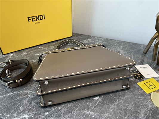 Fen.di Peekaboo Iconic ISeeU Medium Bag Cuoio Romano Leather Dk Grey Color With Topstitches