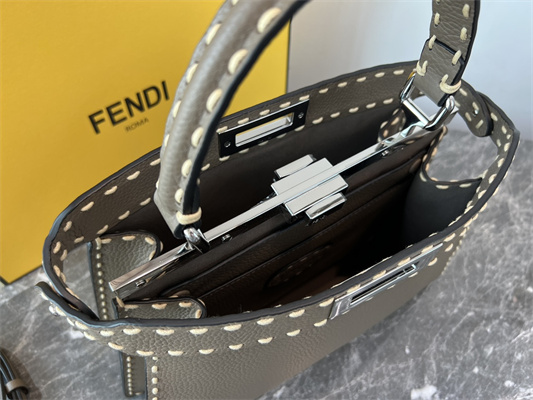 Fen.di Peekaboo Iconic ISeeU Medium Bag Cuoio Romano Leather Dk Grey Color With Topstitches
