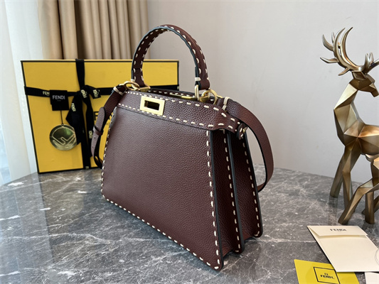 Fen.di Peekaboo Iconic ISeeU Medium Bag Cuoio Romano Leather Burgundy Color With Topstitches