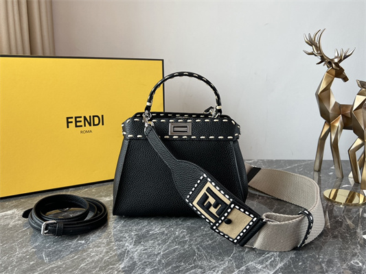 Fen.di Peekaboo Mini Bag Cuoio Romano Leather Black Color With Topstitches