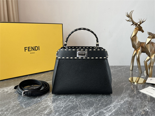 Fen.di Peekaboo Mini Bag Cuoio Romano Leather Black Color With Topstitches