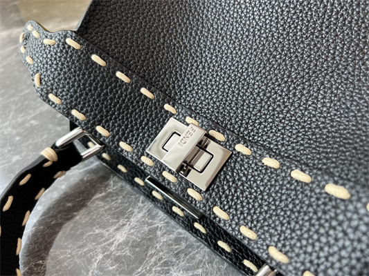 Fen.di Peekaboo Mini Bag Cuoio Romano Leather Black Color With Topstitches