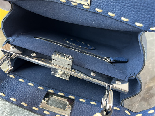 Fen.di Peekaboo Mini Bag Cuoio Romano Leather Dk Blue Color With Topstitches