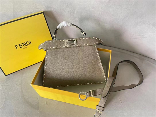 Fen.di Peekaboo Iconic ISeeU Small Bag Cuoio Romano Leather Grey Color With Topstitches