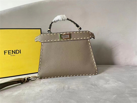 Fen.di Peekaboo Iconic ISeeU Small Bag Cuoio Romano Leather Grey Color With Topstitches