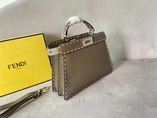 Fen.di Peekaboo Iconic ISeeU Small Bag Cuoio Romano Leather Grey Color With Topstitches