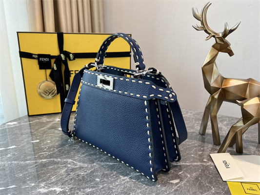 Fen.di Peekaboo Iconic ISeeU Small Bag Cuoio Romano Leather Dk Blue Color With Topstitches