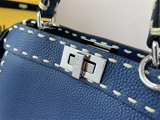 Fen.di Peekaboo Iconic ISeeU Small Bag Cuoio Romano Leather Dk Blue Color With Topstitches