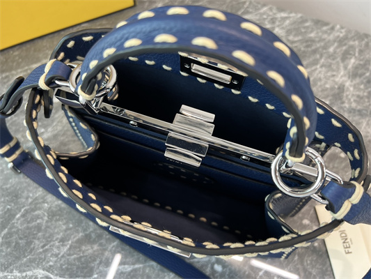 Fen.di Peekaboo Iconic ISeeU Small Bag Cuoio Romano Leather Dk Blue Color With Topstitches