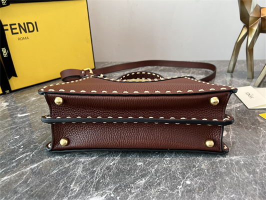 Fen.di Peekaboo Iconic ISeeU Small Bag Cuoio Romano Leather Burgundy Color With Topstitches