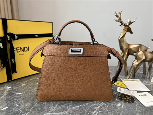 Fen.di Peekaboo Iconic ISeeU Small Bag Cuoio Romano Leather Brown Color With Topstitches