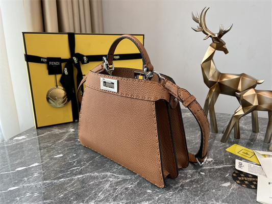 Fen.di Peekaboo Iconic ISeeU Small Bag Cuoio Romano Leather Brown Color With Topstitches