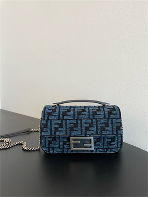 Fen.di BAGUETTE CHAIN MIDI Dk Blue Tapestry Fabric Bag With FF Motif