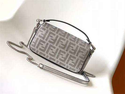 Fen.di BAGUETTE Mini Silver Leather Bag With Crystal FF Motif
