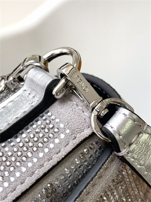 Fen.di BAGUETTE Mini Silver Leather Bag With Crystal FF Motif