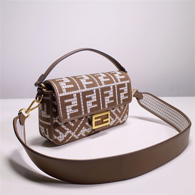 Fen.di BAGUETTE Houndstooth Wool Fabric Bag With Brown FF Embroidery