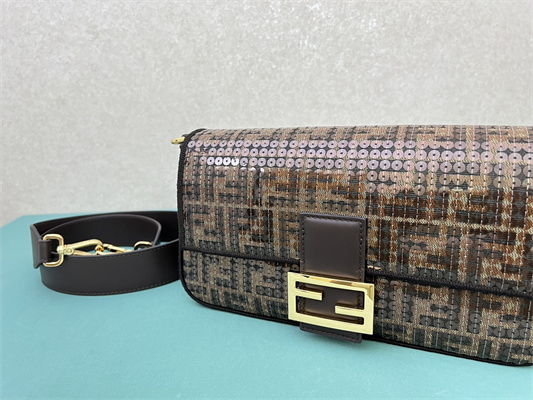 Fen.di BAGUETTE Bag Brown FF Jacquard Fabric With Sequins