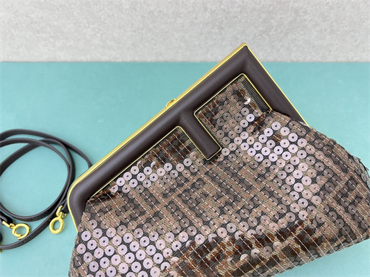 Fen.di FIRST SMALL Brown FF Jacquard Fabric Bag With Sequins