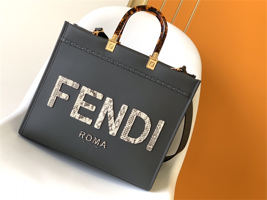Fen.di SUNSHINE Medium Dark Grey Leather and Elaphe Shopper