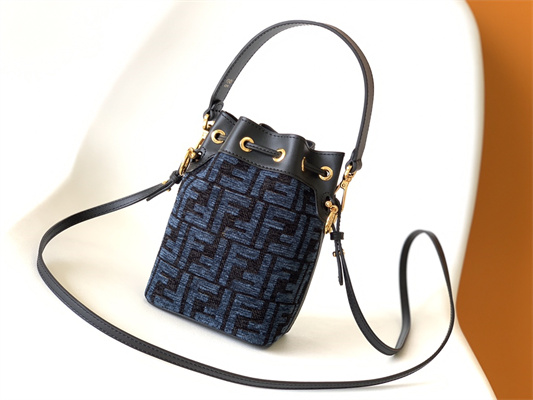 Fen.di MON TRESOR Dk Blue Tapestry Fabric Mini Bag With FF Motif