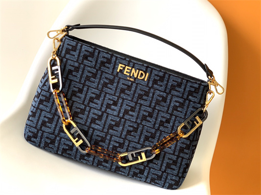 Fen.di O’lock Swing Dk Blue Tapestry Fabric Bag With FF Motif