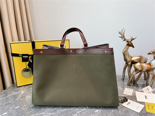 Fen.di Peekaboo X-Tote FF Embroidery Canvas Kaki Green Color