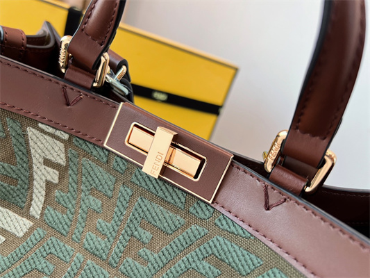 Fen.di Peekaboo X-Tote FF Embroidery Canvas Kaki Green Color