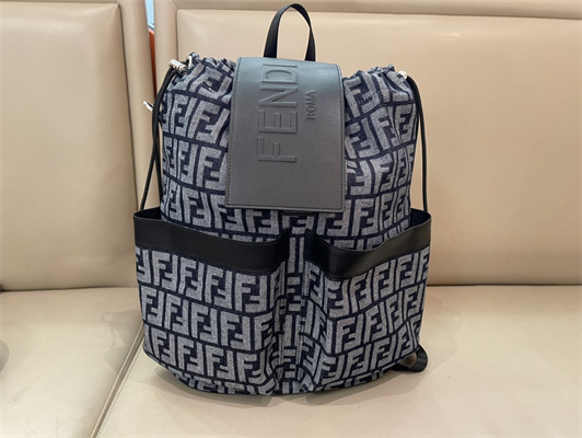 Fen.di Strike Medium Backpack Jacquard Fabric With Grey and Blue FF Motif