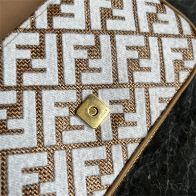 Fen.di BAGUETTE CHAIN MIDI Natural Straw Bag With White FF Embroidery