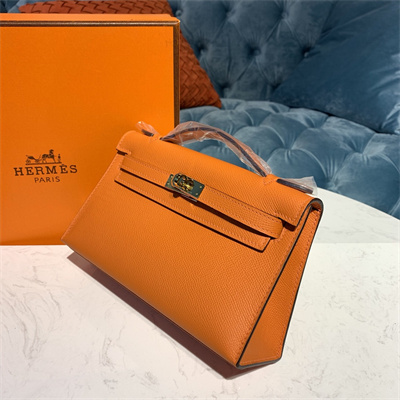 Kelly Pochette Bag Epsom Leather Gold/Silver hardware In Orange Color HS