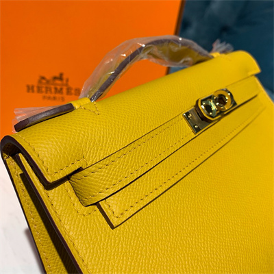Kelly Pochette Bag Epsom Leather Gold/Silver hardware In Jaune Amber Color HS