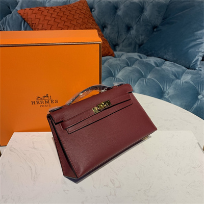Kelly Pochette Bag Epsom Leather Gold/Silver hardware In Burgundy Color HS