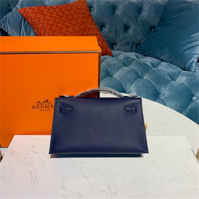 Kelly Pochette Bag Epsom Leather Gold/Silver hardware In Bleu Obscur Color HS