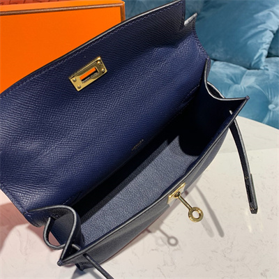 Kelly Pochette Bag Epsom Leather Gold/Silver hardware In Bleu Obscur Color HS