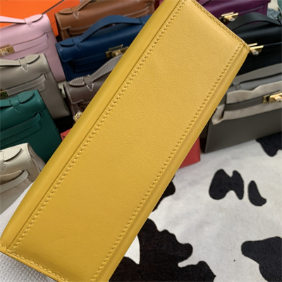 Kelly Pochette Bag Swift Leather Gold/Silver hardware In Jaune Amber Color HS