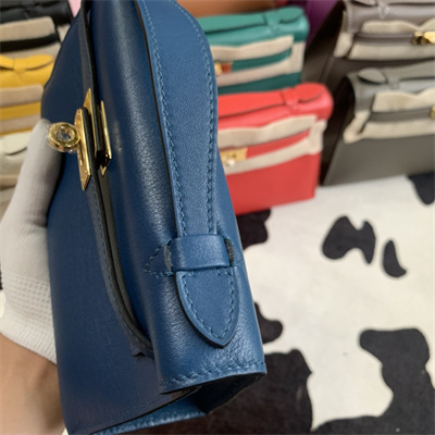 Kelly Pochette Bag Swift Leather Gold/Silver hardware In Deep Blue Color HS