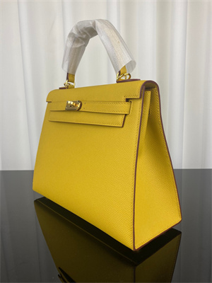 Kelly Sellier Bag Epsom Leather 25/28CM Gold/Silver Hardware In Jaune Amber Color HS