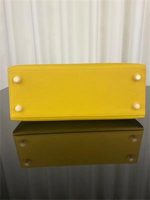 Kelly Sellier Bag Epsom Leather 25/28CM Gold/Silver Hardware In Jaune Amber Color HS