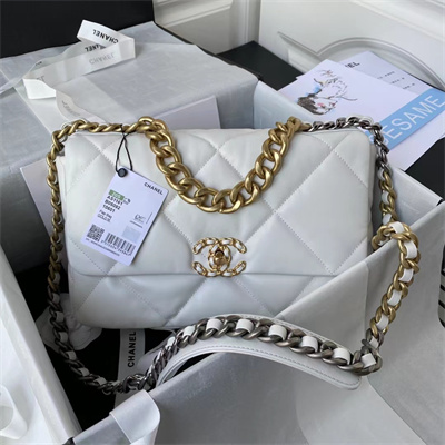 Ch*el 19 large handbag lambskin gold double c metal white as1161