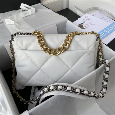 Ch*el 19 large handbag lambskin gold double c metal white as1161