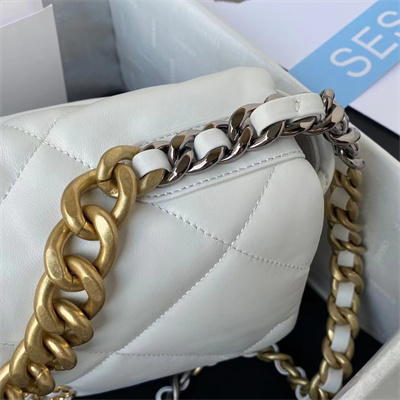 Ch*el 19 large handbag lambskin gold double c metal white as1161