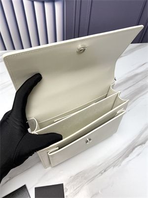 Y.S.L Sunset MEDIUM Bag In Smooth Leather Silver Tone Metal White Color