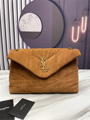 Y.S.L PUFFER MEDIUM In Suede Leather Gold Tone Metal Caramel Color