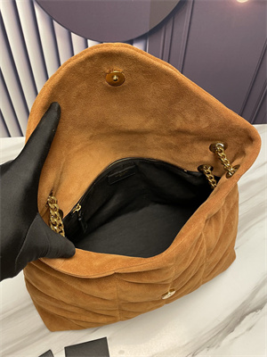 Y.S.L PUFFER MEDIUM In Suede Leather Gold Tone Metal Caramel Color