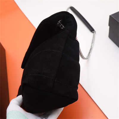 Y.S.L PUFFER SMALL In Suede Leather Silver Tone Metal Black Color