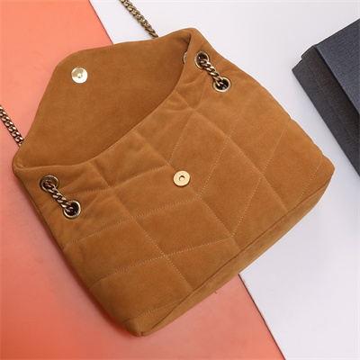 Y.S.L PUFFER SMALL In Suede Leather Gold Tone Metal Caramel Color